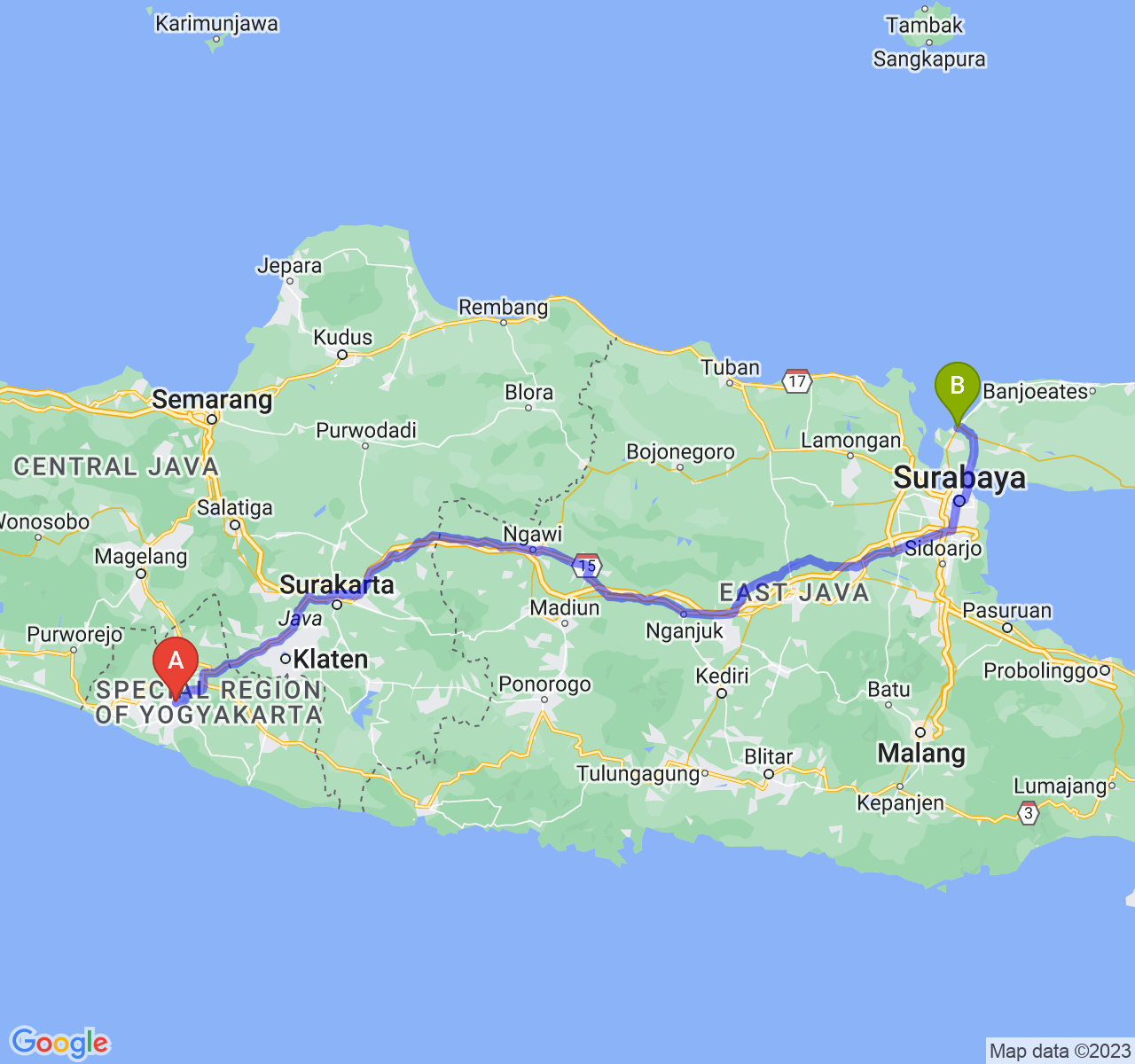 rute perjalanan Kab. Bantul-Kab. Bangkalan