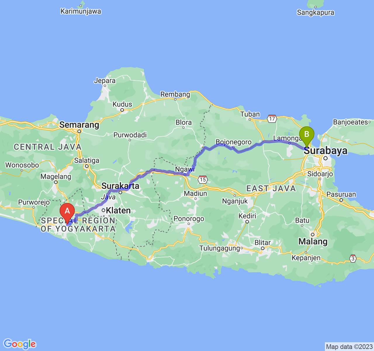 rute perjalanan Kab. Bantul-Kab. Gresik