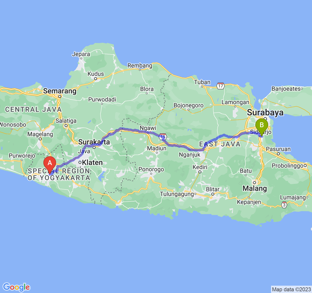 rute perjalanan Kab. Bantul-Kab. Sidoarjo