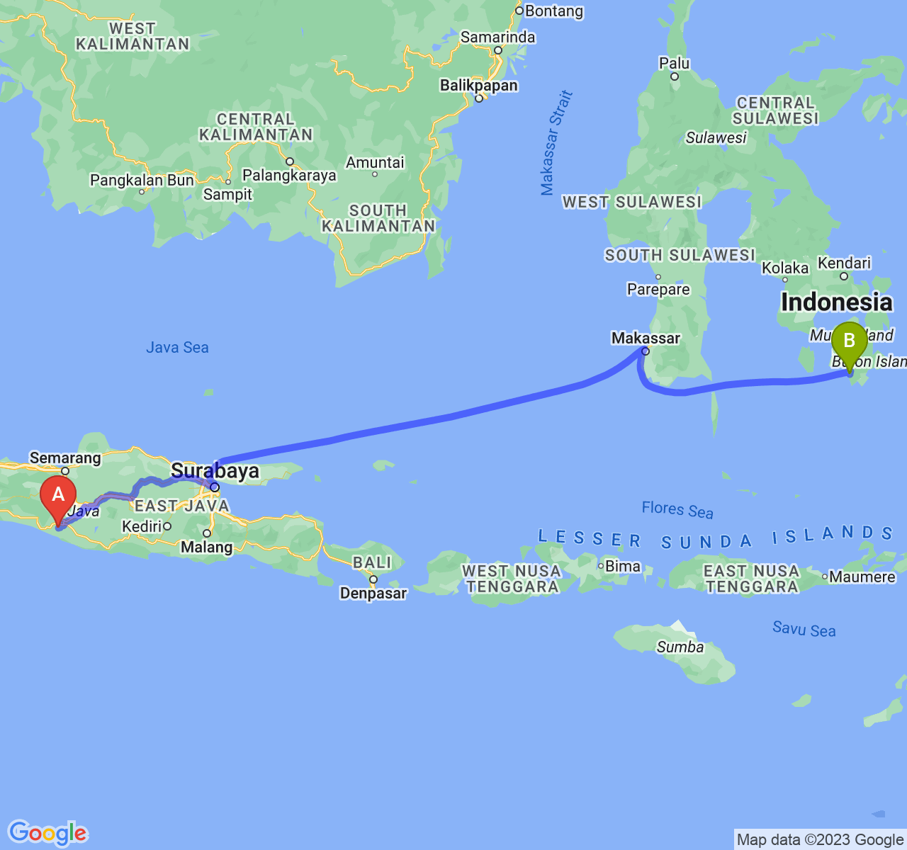 rute perjalanan Kab. Bantul-Kota Baubau