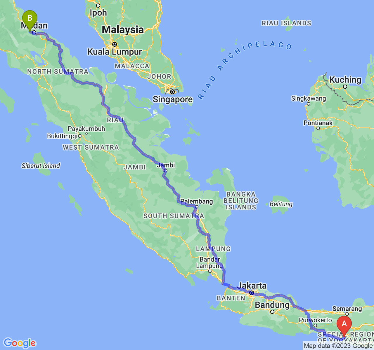 rute perjalanan Kab. Bantul-Kota Binjai