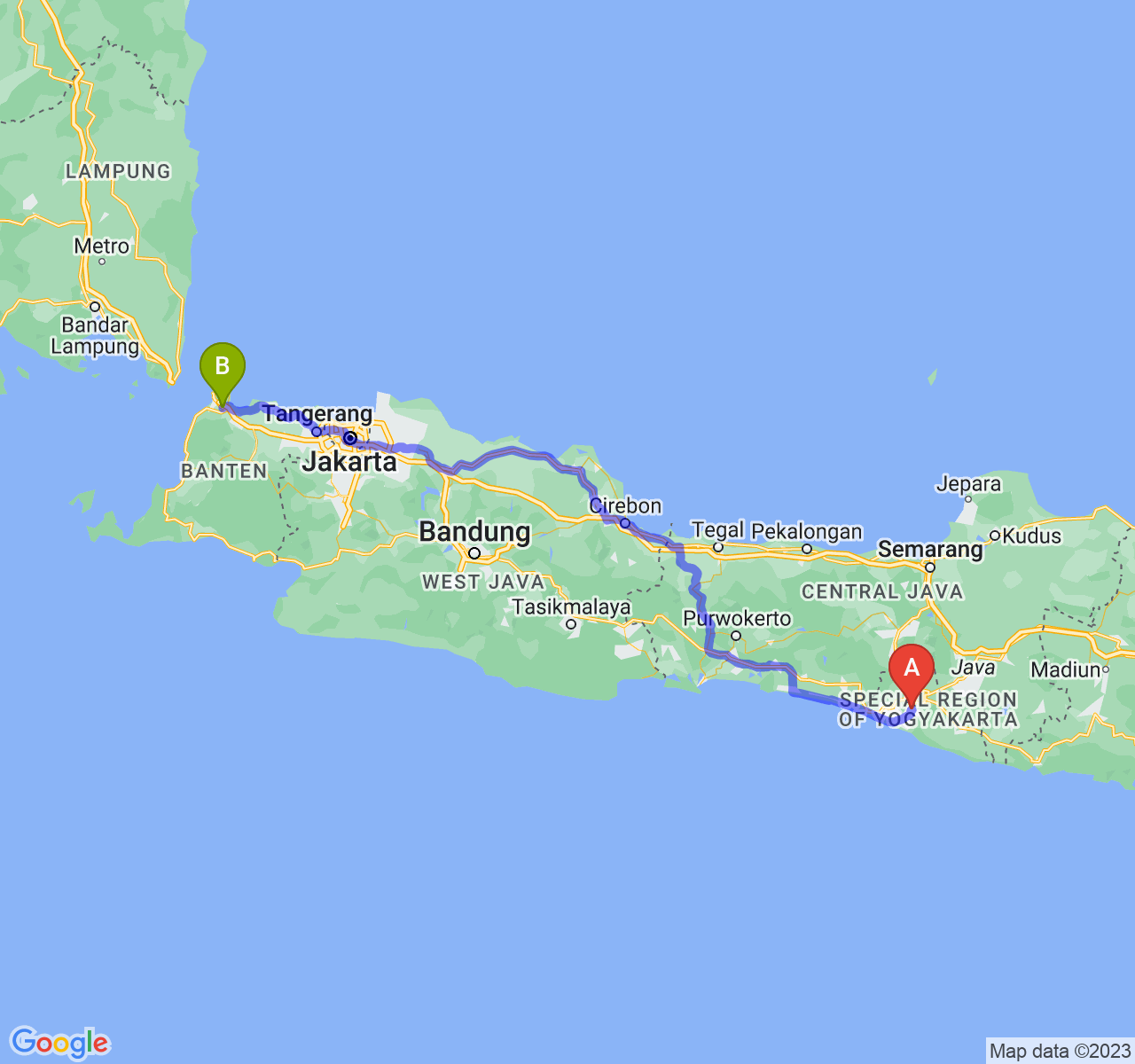 rute perjalanan Kab. Bantul-Kota Cilegon