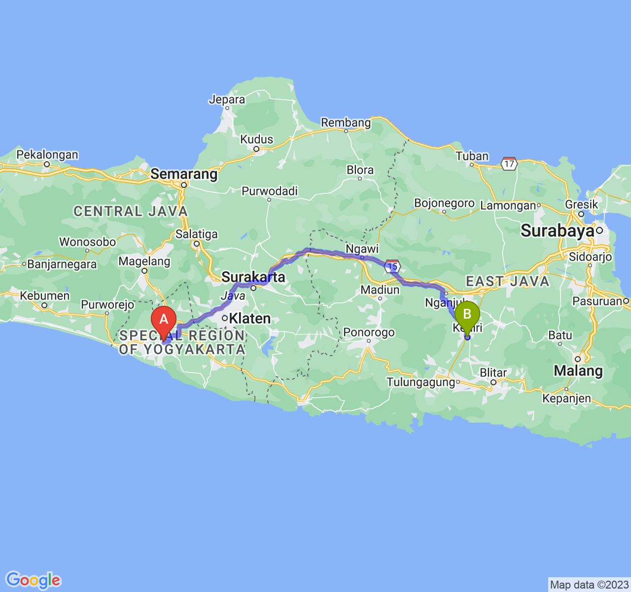 rute perjalanan Kab. Bantul-Kota Kediri