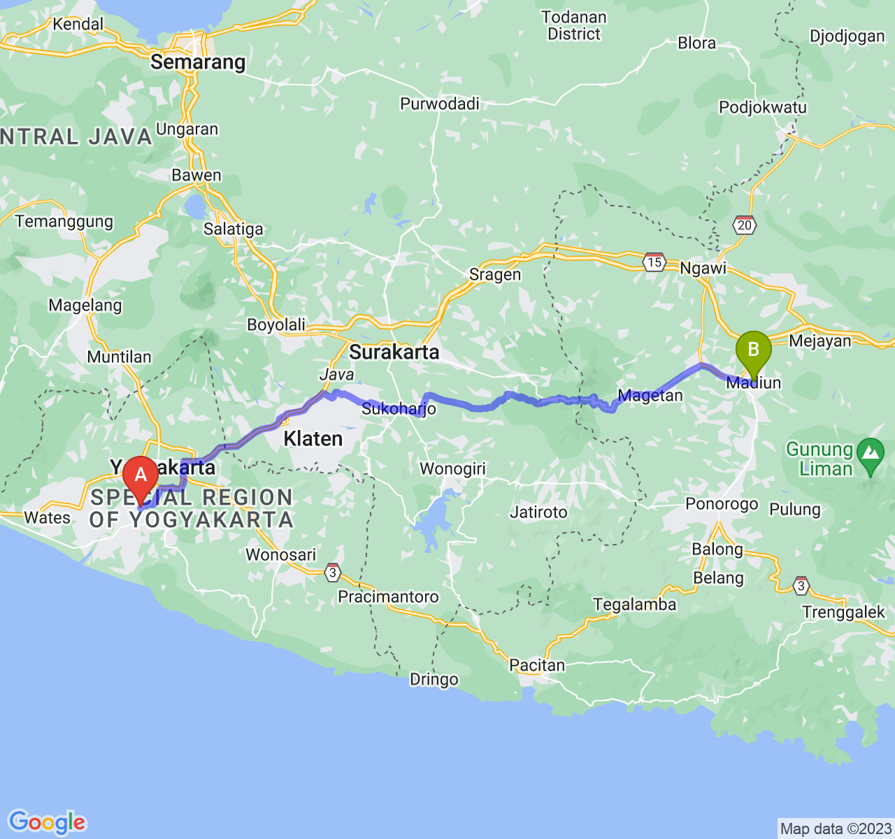 rute perjalanan Kab. Bantul-Kota Madiun