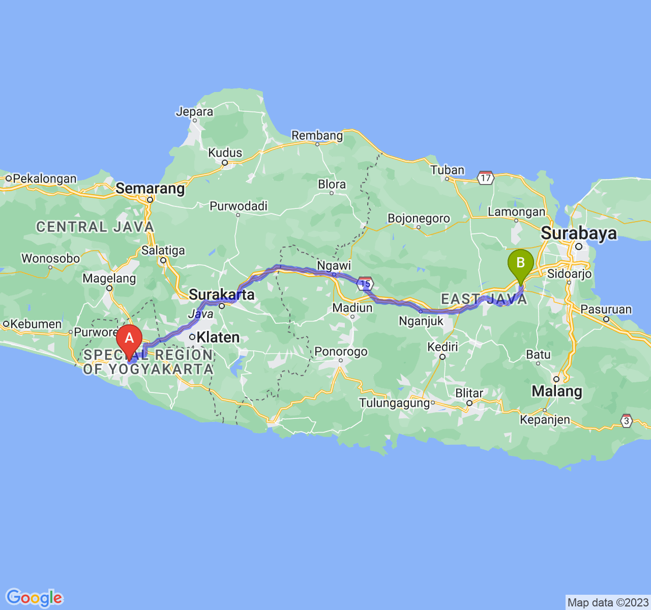 rute perjalanan Kab. Bantul-Kota Mojokerto