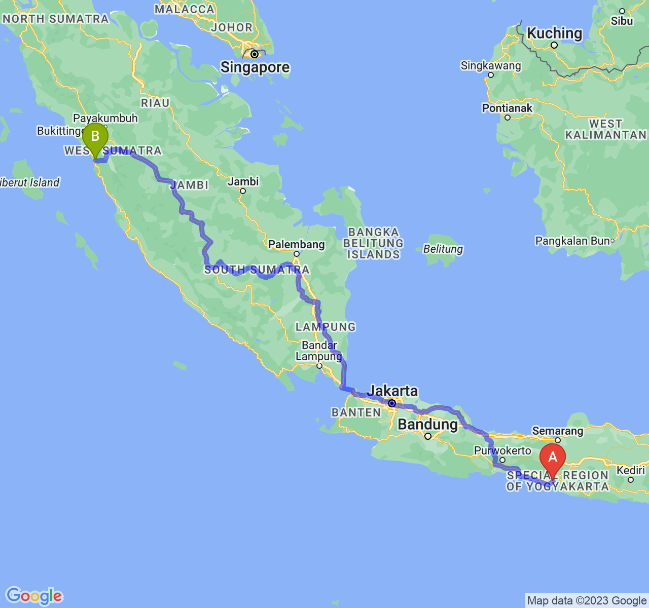 rute perjalanan Kab. Bantul-Kota Padang