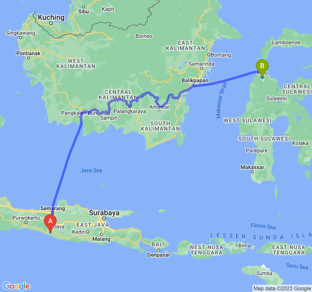 rute perjalanan Kab. Bantul-Kota Palu