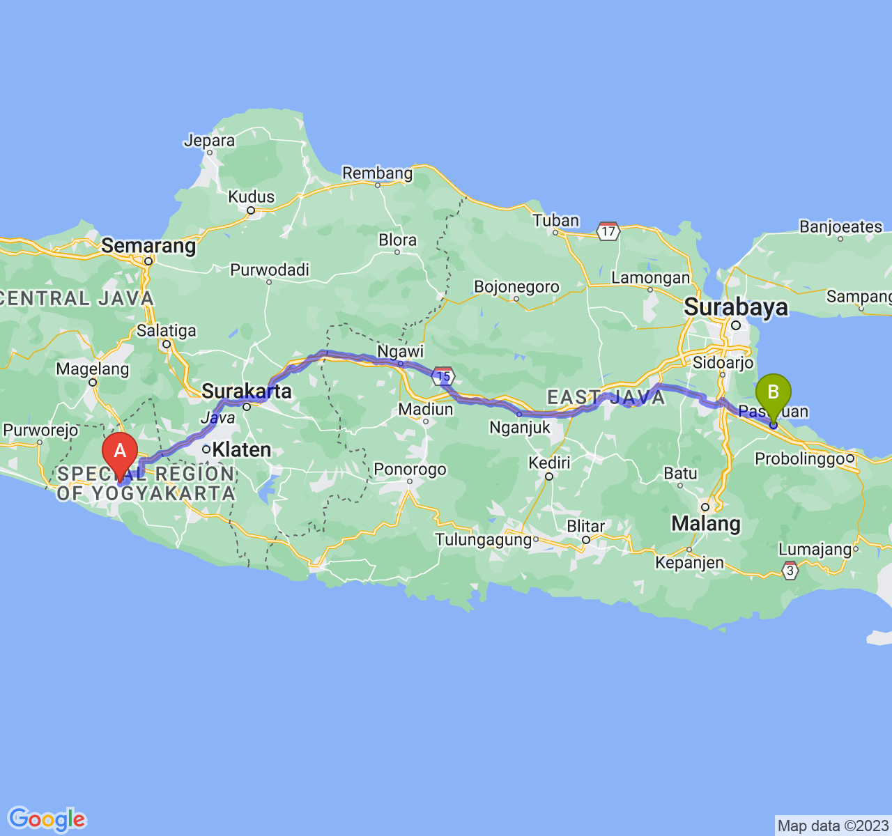 rute perjalanan Kab. Bantul-Kota Pasuruan