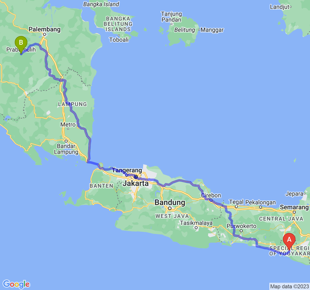 rute perjalanan Kab. Bantul-Kota Prabumulih