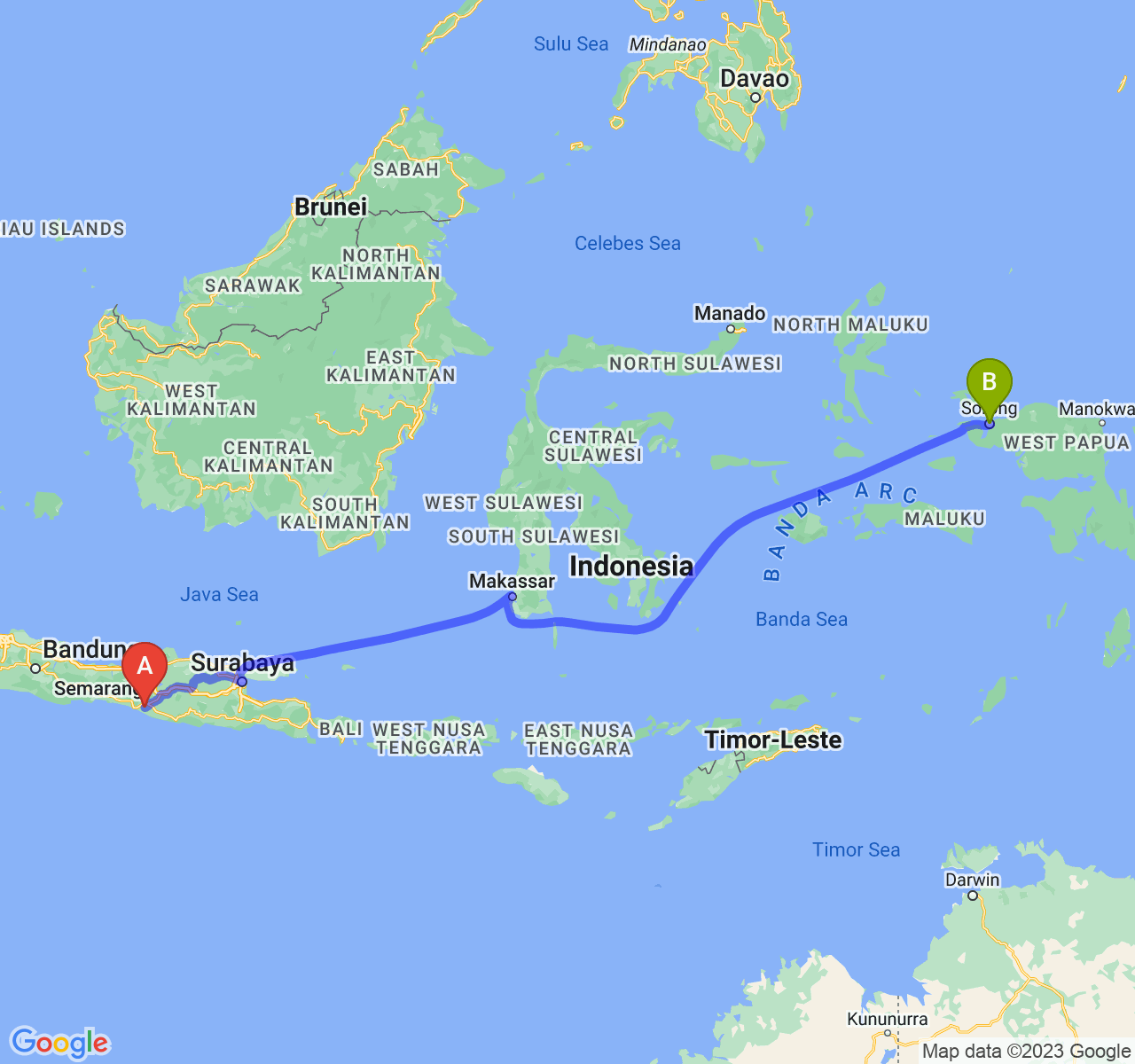 rute perjalanan Kab. Bantul-Kota Sorong