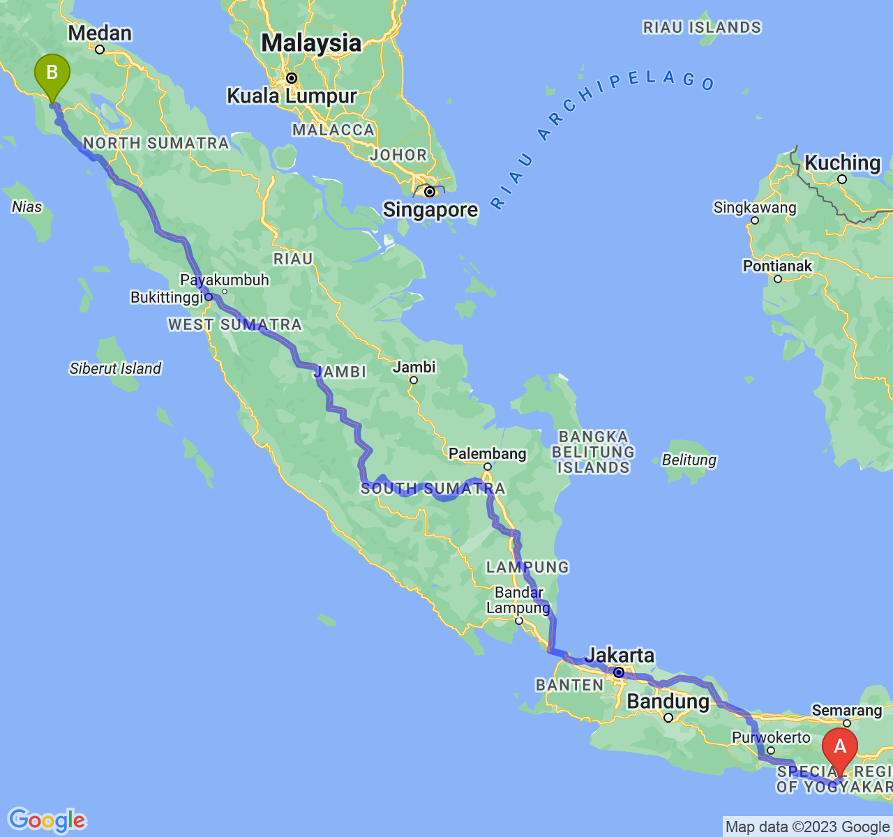 rute perjalanan Kab. Bantul-Kota Subulussalam