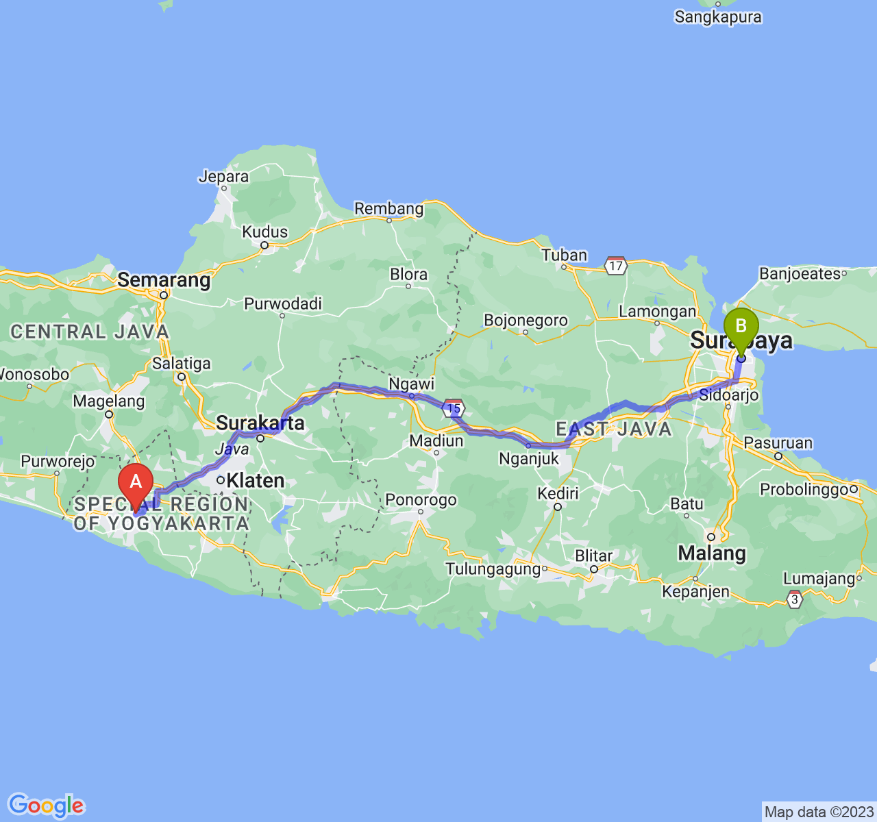 rute perjalanan Kab. Bantul-Kota Surabaya