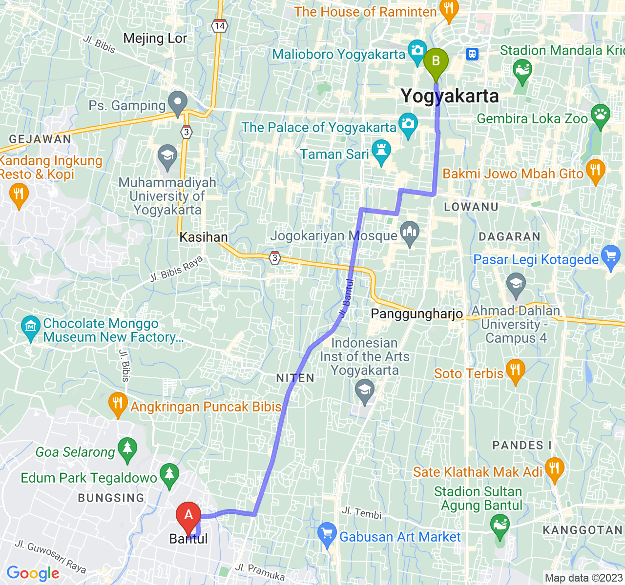 rute perjalanan Kab. Bantul-Kota Yogyakarta