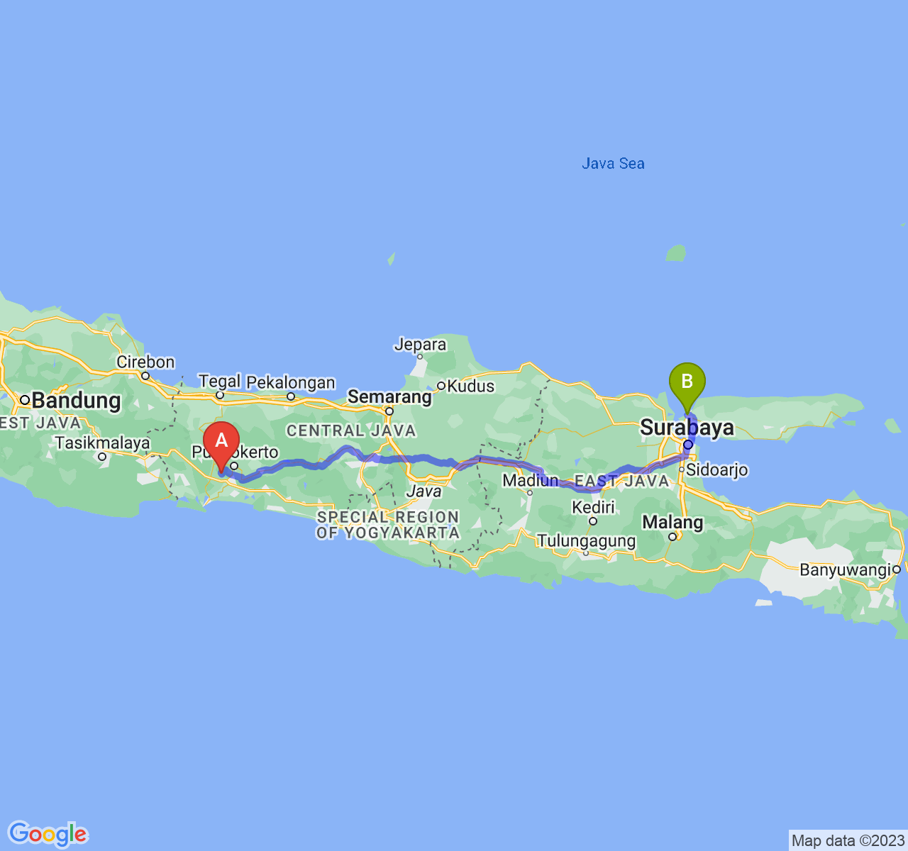 rute perjalanan Kab. Banyumas-Kab. Bangkalan