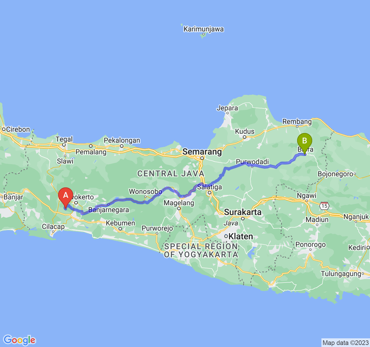 rute perjalanan Kab. Banyumas-Kab. Blora