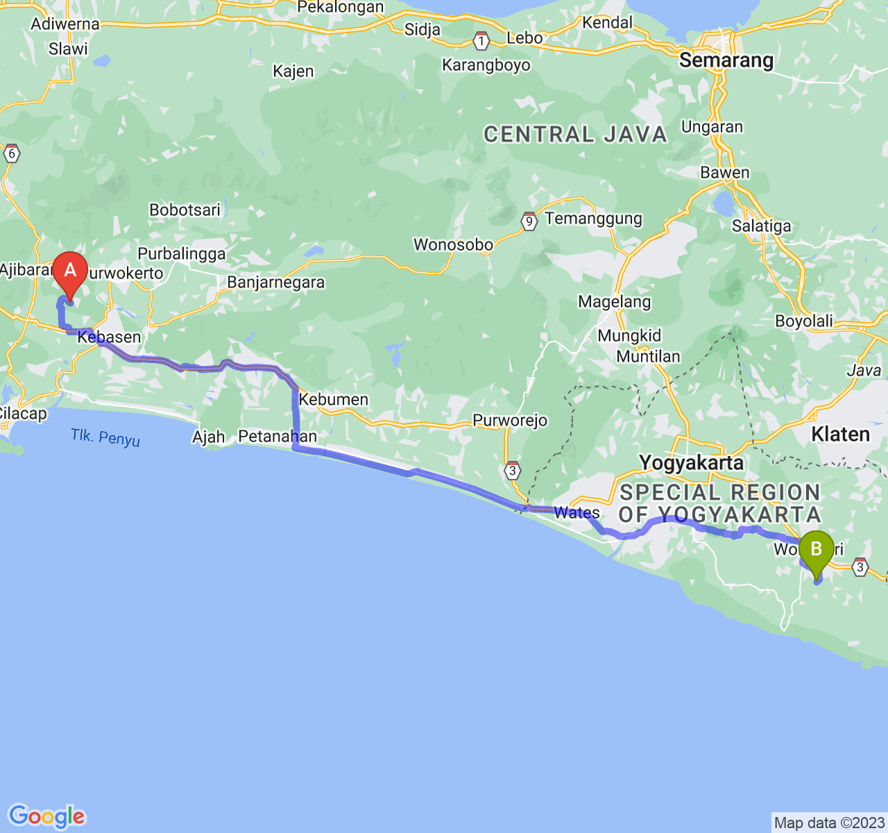 rute perjalanan Kab. Banyumas-Kab. Gunung Kidul