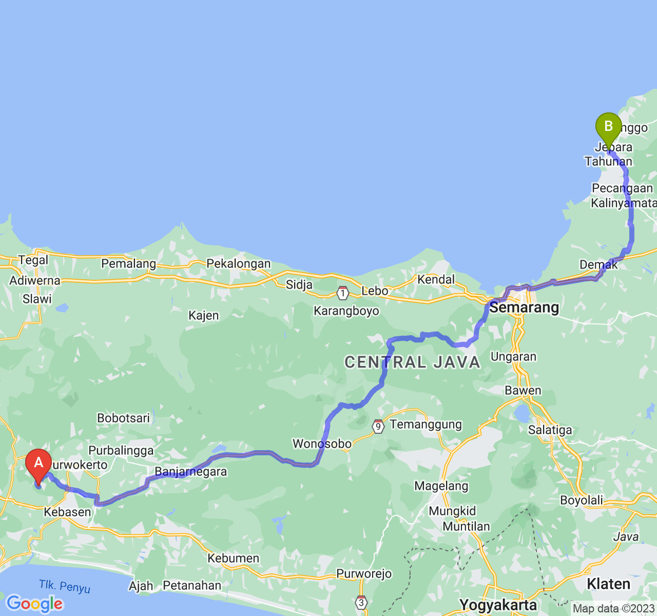 rute perjalanan Kab. Banyumas-Kab. Jepara