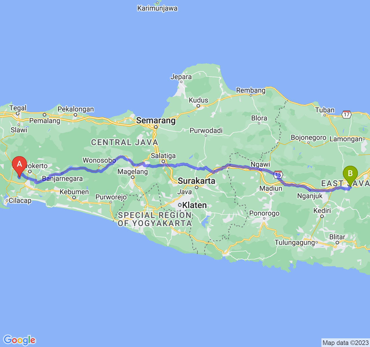 rute perjalanan Kab. Banyumas-Kab. Jombang