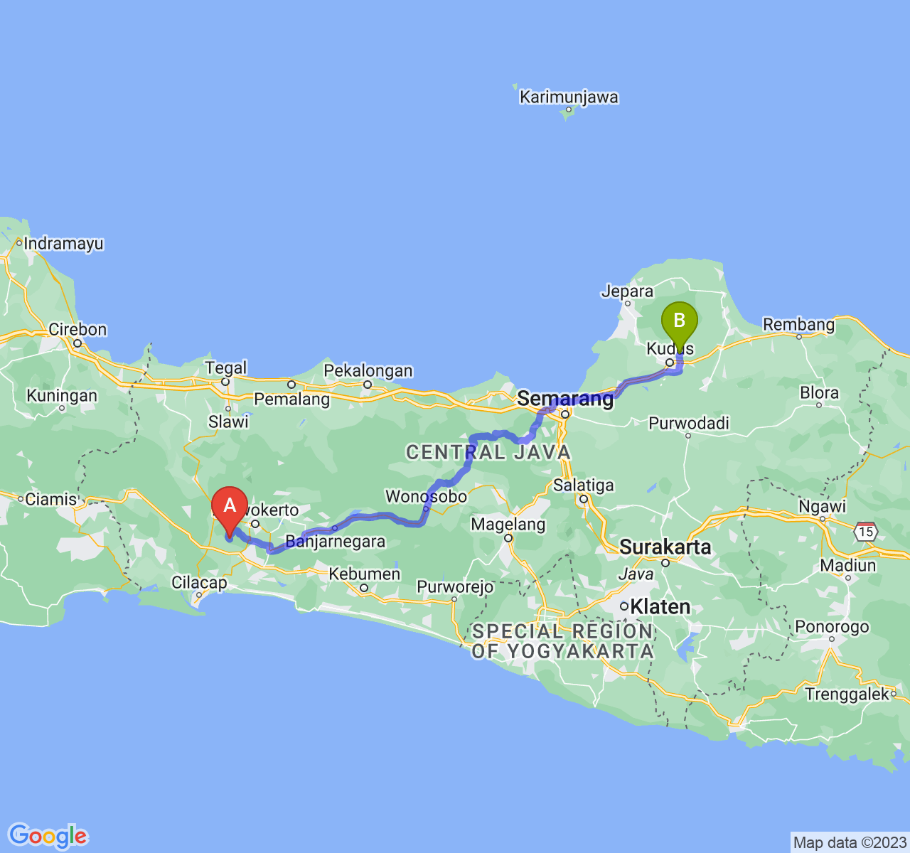 rute perjalanan Kab. Banyumas-Kab. Kudus