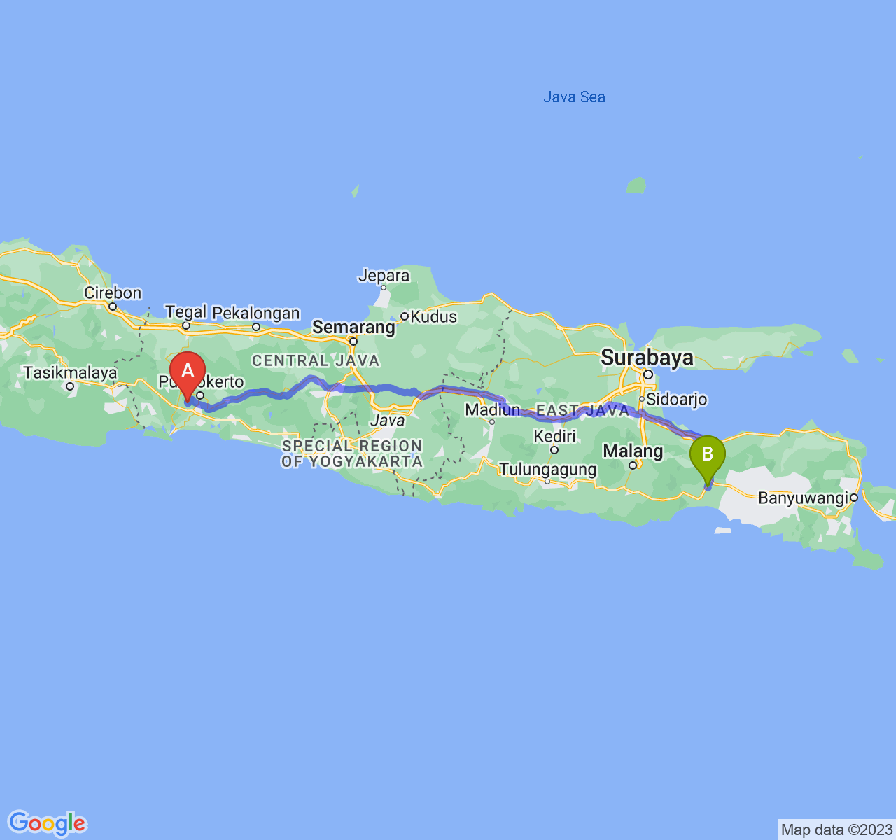 rute perjalanan Kab. Banyumas-Kab. Lumajang