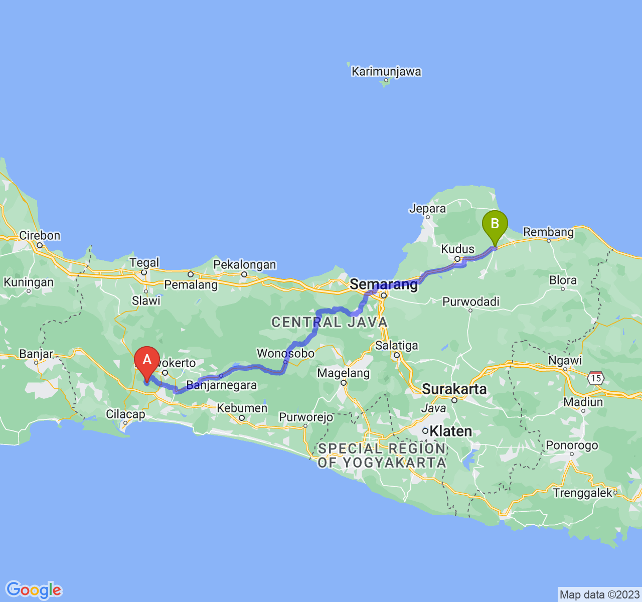 rute perjalanan Kab. Banyumas-Kab. Pati