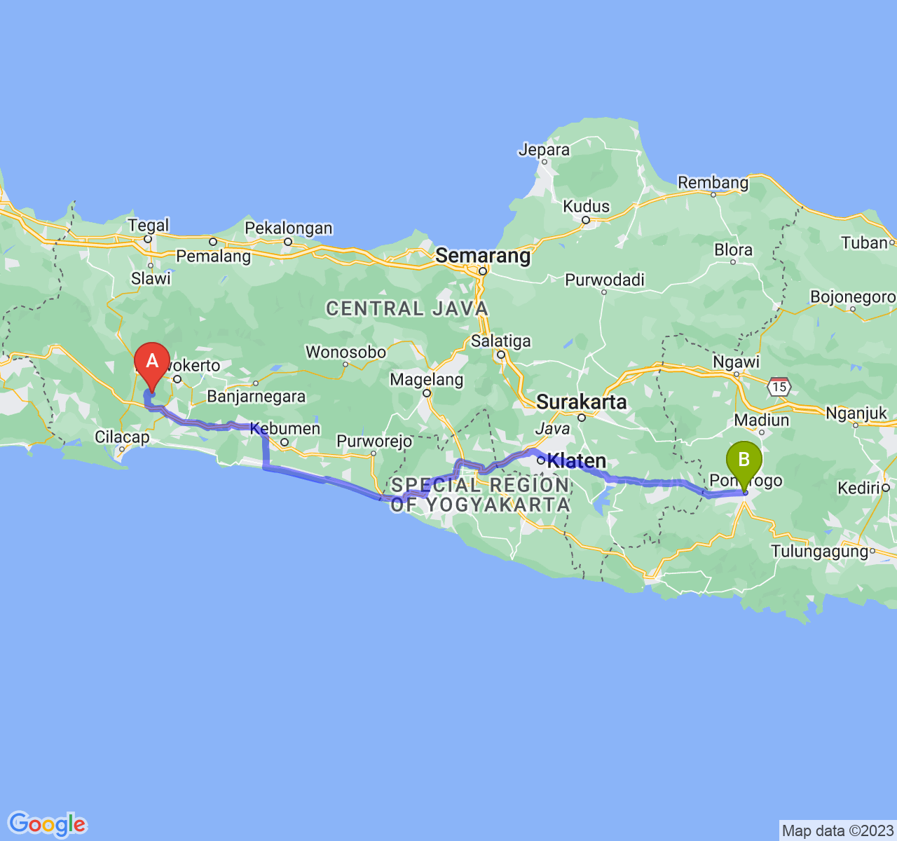 rute perjalanan Kab. Banyumas-Kab. Ponorogo