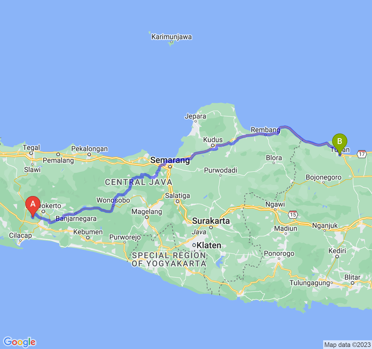 rute perjalanan Kab. Banyumas-Kab. Tuban