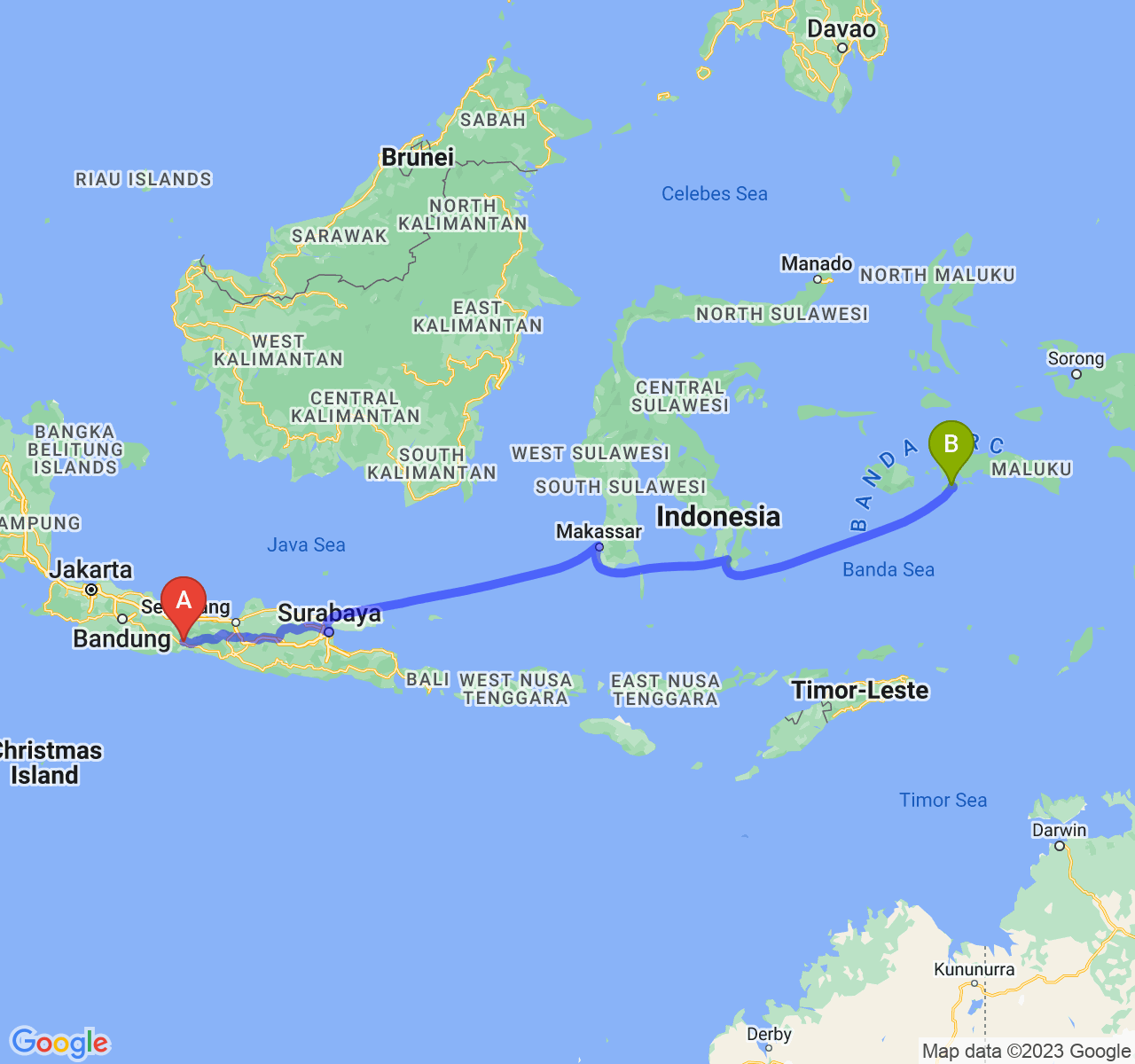 rute perjalanan Kab. Banyumas-Kota Ambon