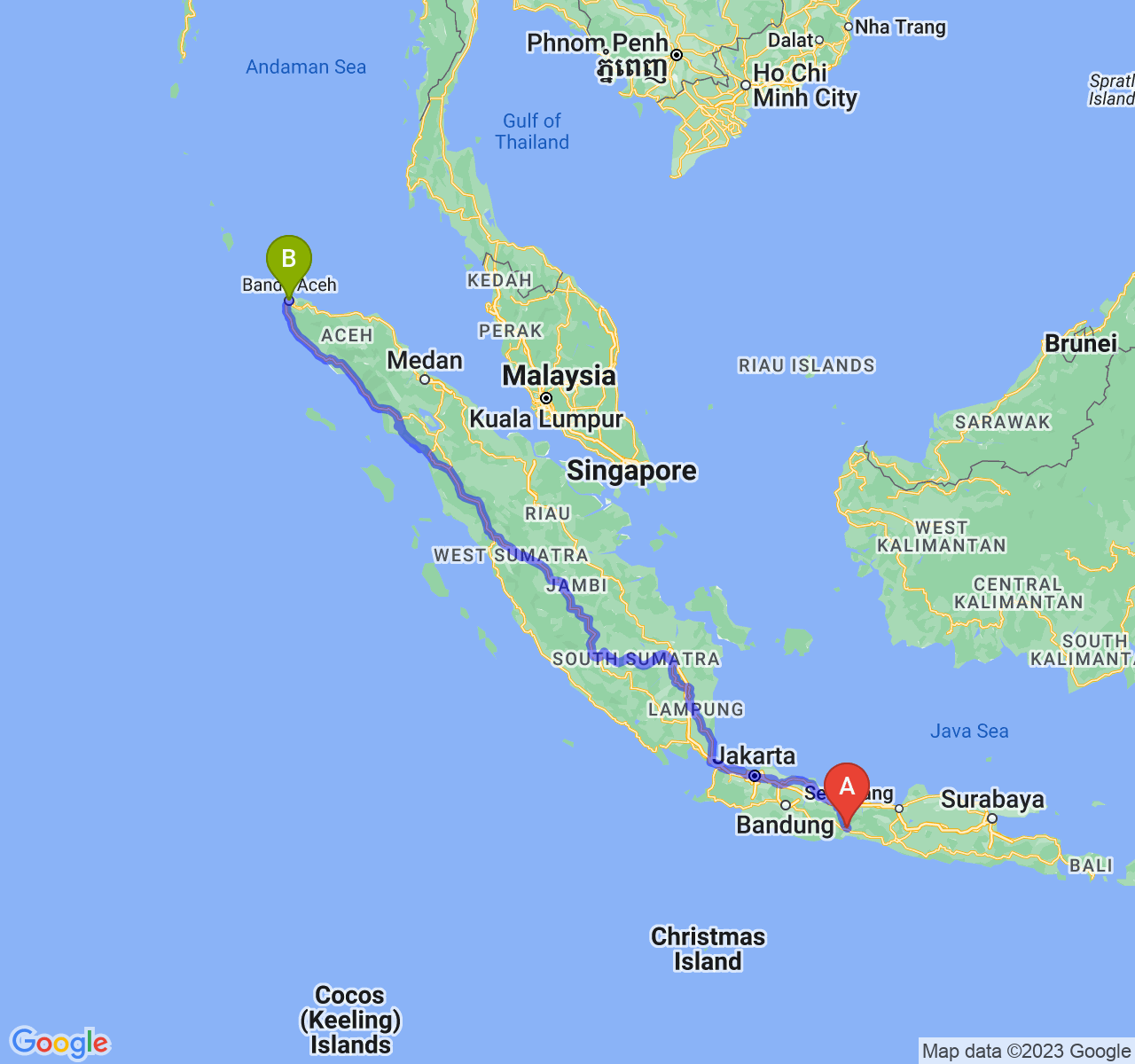 rute perjalanan Kab. Banyumas-Kota Banda Aceh