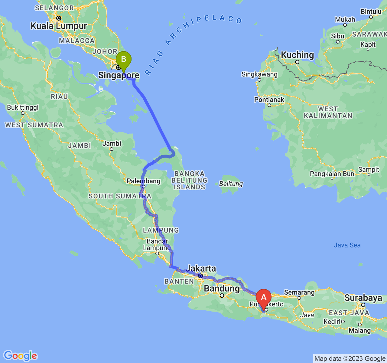 rute perjalanan Kab. Banyumas-Kota Batam