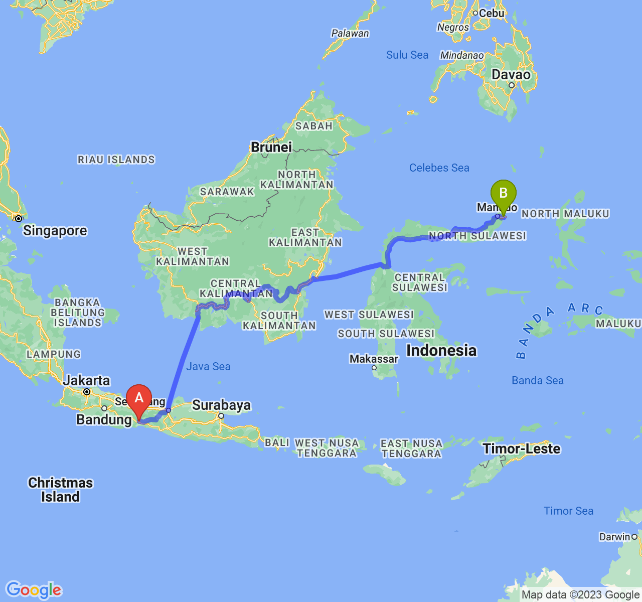 rute perjalanan Kab. Banyumas-Kota Bitung