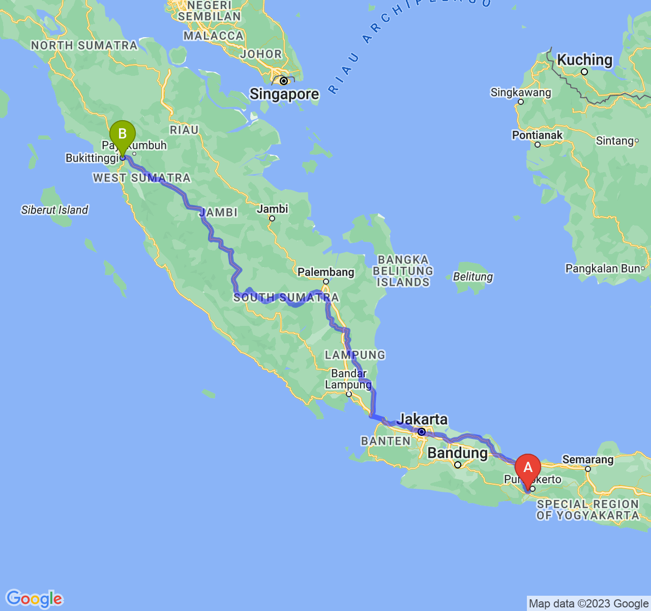 rute perjalanan Kab. Banyumas-Kota Bukittinggi