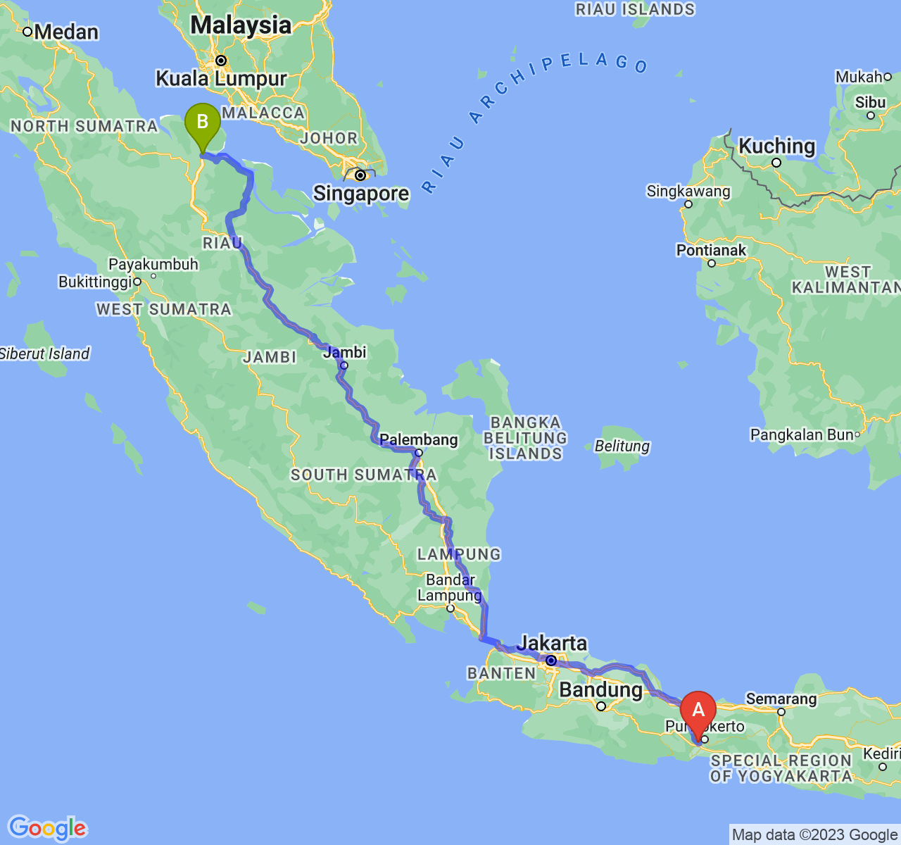 rute perjalanan Kab. Banyumas-Kota Dumai