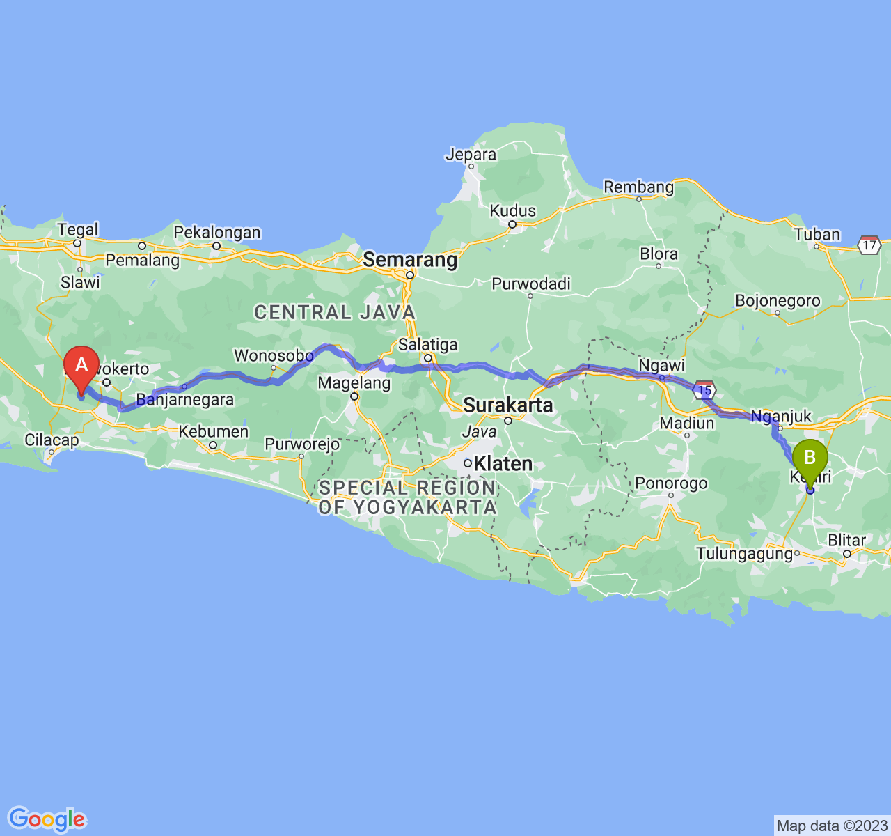 rute perjalanan Kab. Banyumas-Kota Kediri