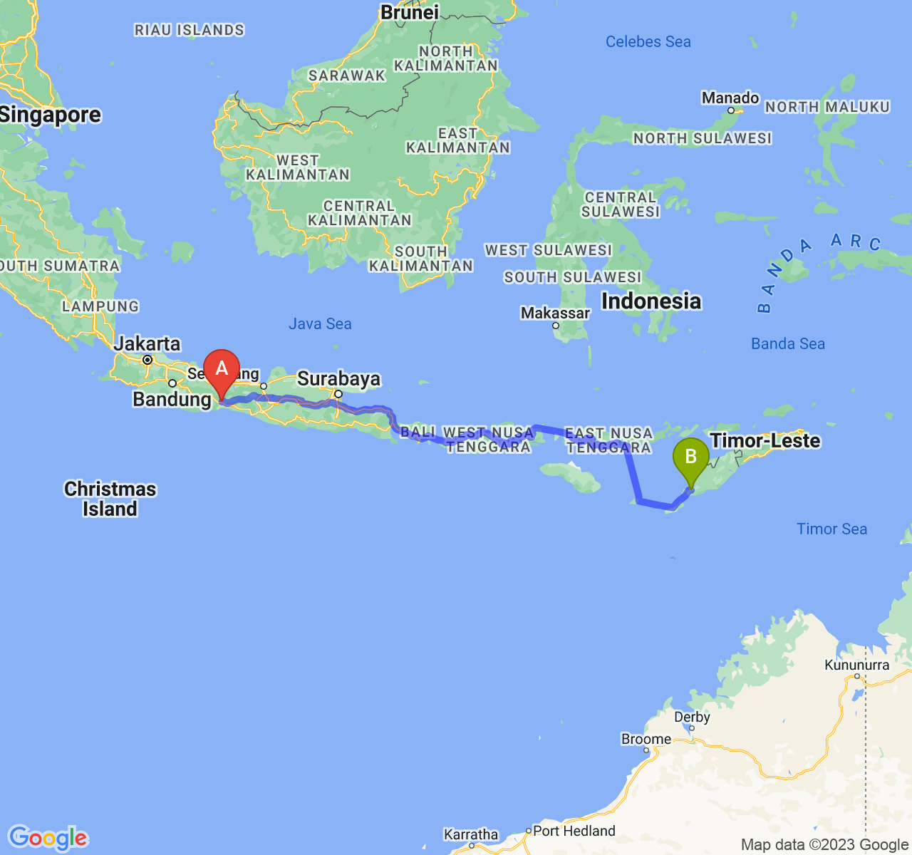 rute perjalanan Kab. Banyumas-Kota Kupang