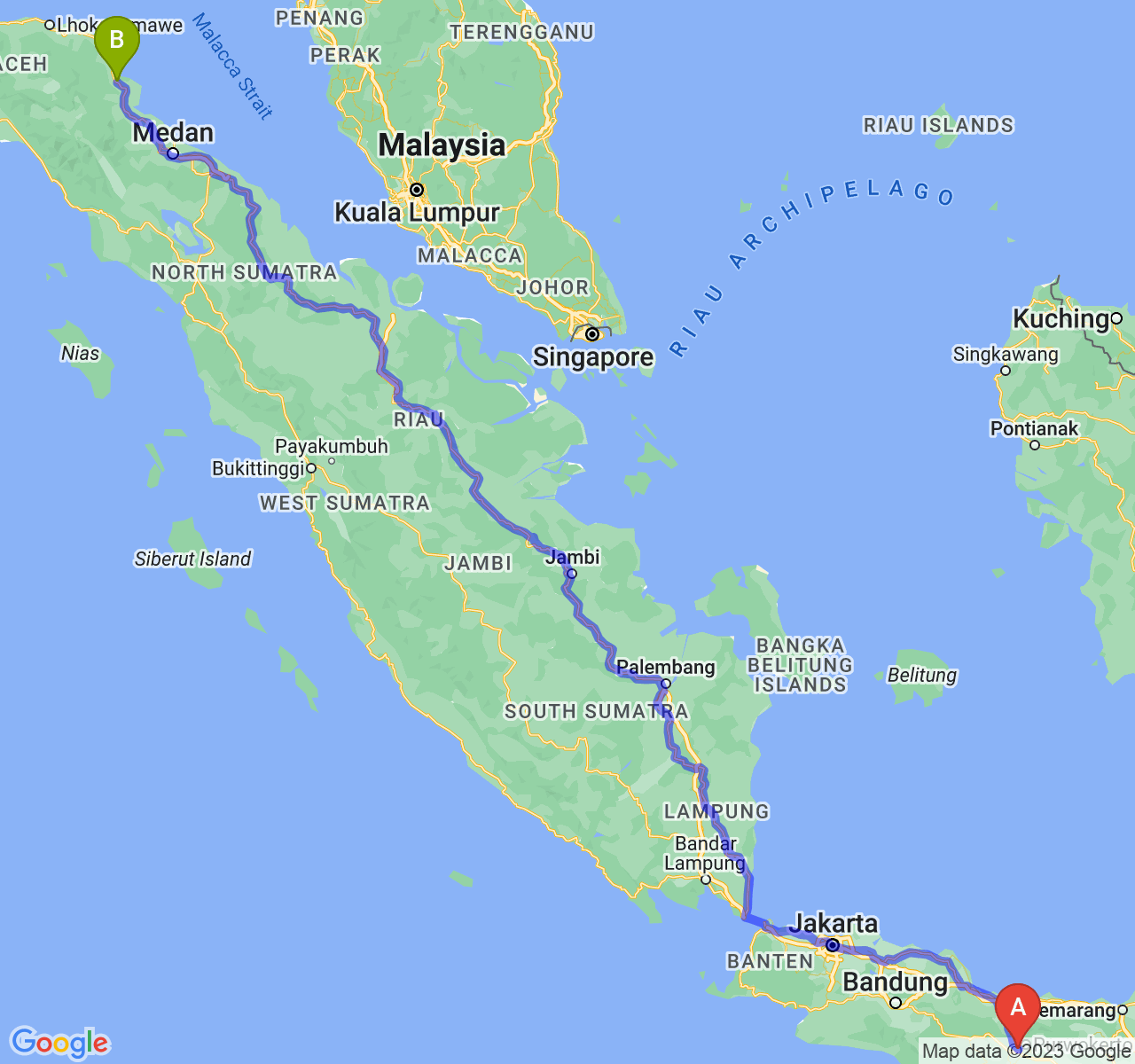 rute perjalanan Kab. Banyumas-Kota Langsa