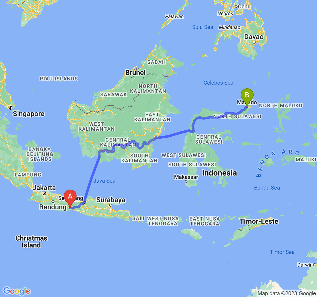 rute perjalanan Kab. Banyumas-Kota Manado