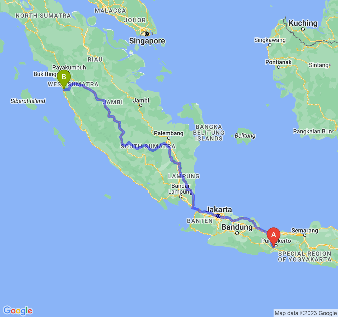 rute perjalanan Kab. Banyumas-Kota Padang