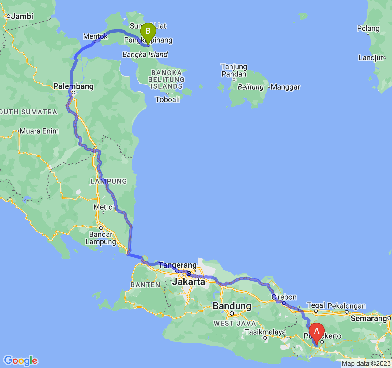 rute perjalanan Kab. Banyumas-Kota Pangkalpinang