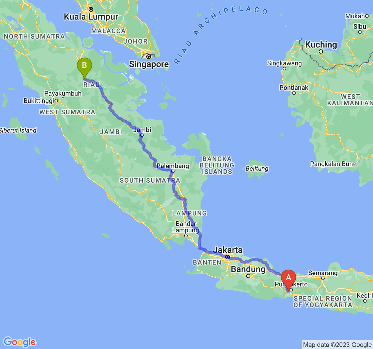 rute perjalanan Kab. Banyumas-Kota Pekanbaru