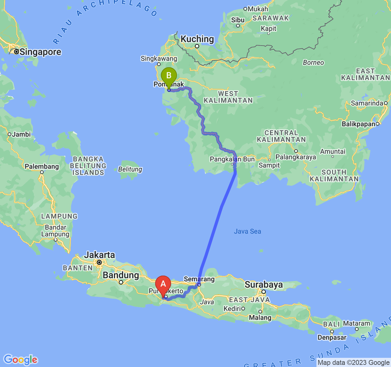 rute perjalanan Kab. Banyumas-Kota Pontianak