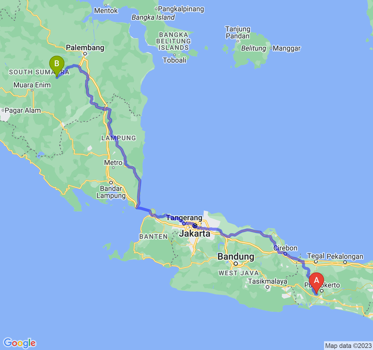 rute perjalanan Kab. Banyumas-Kota Prabumulih