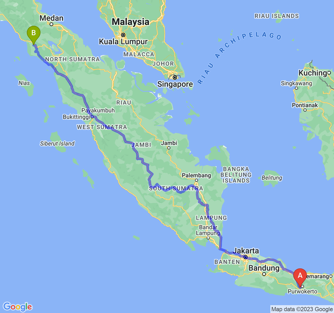 rute perjalanan Kab. Banyumas-Kota Subulussalam