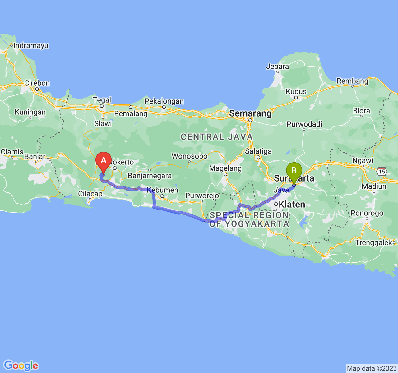 rute perjalanan Kab. Banyumas-Kota Surakarta