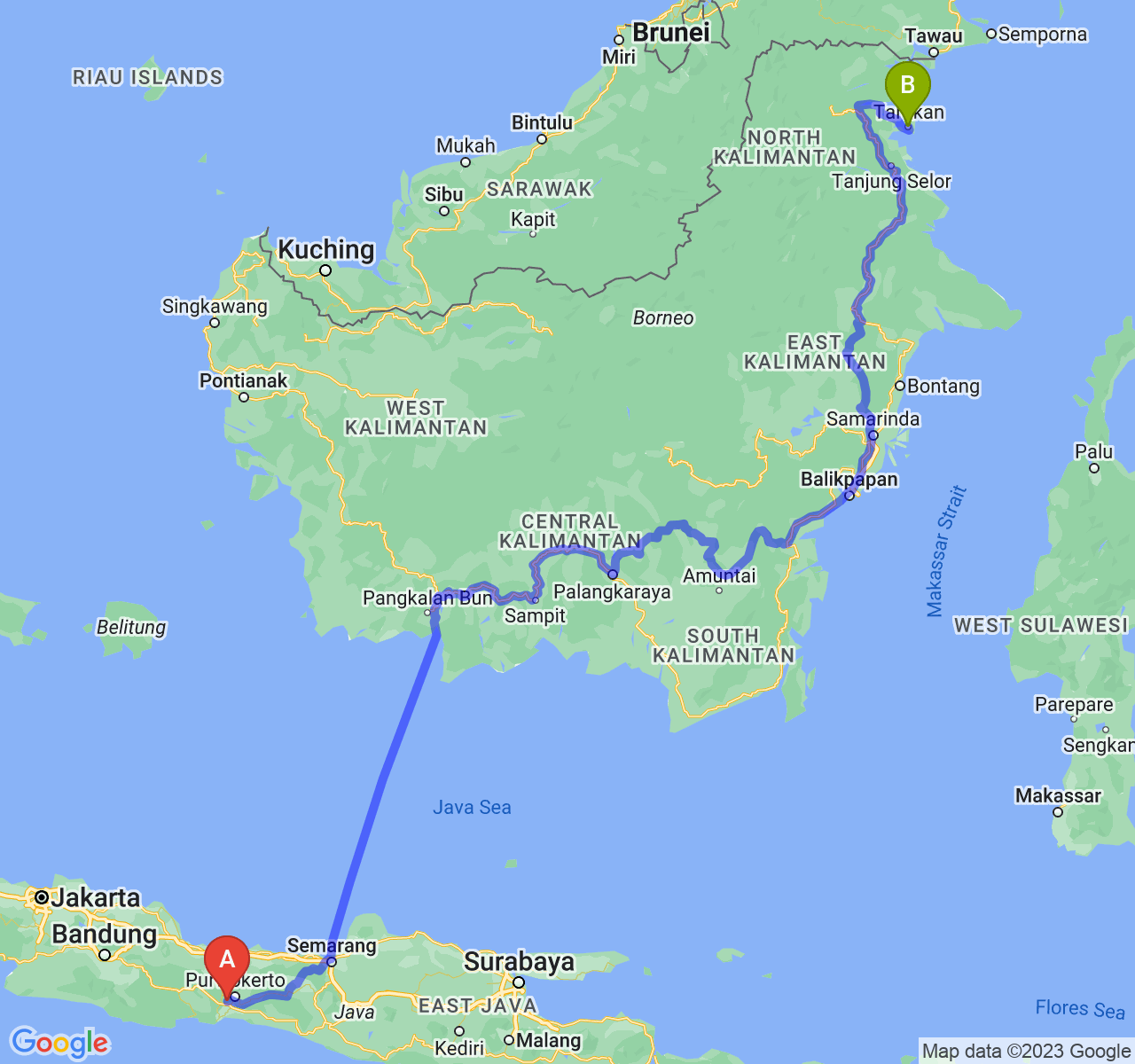 rute perjalanan Kab. Banyumas-Kota Tarakan