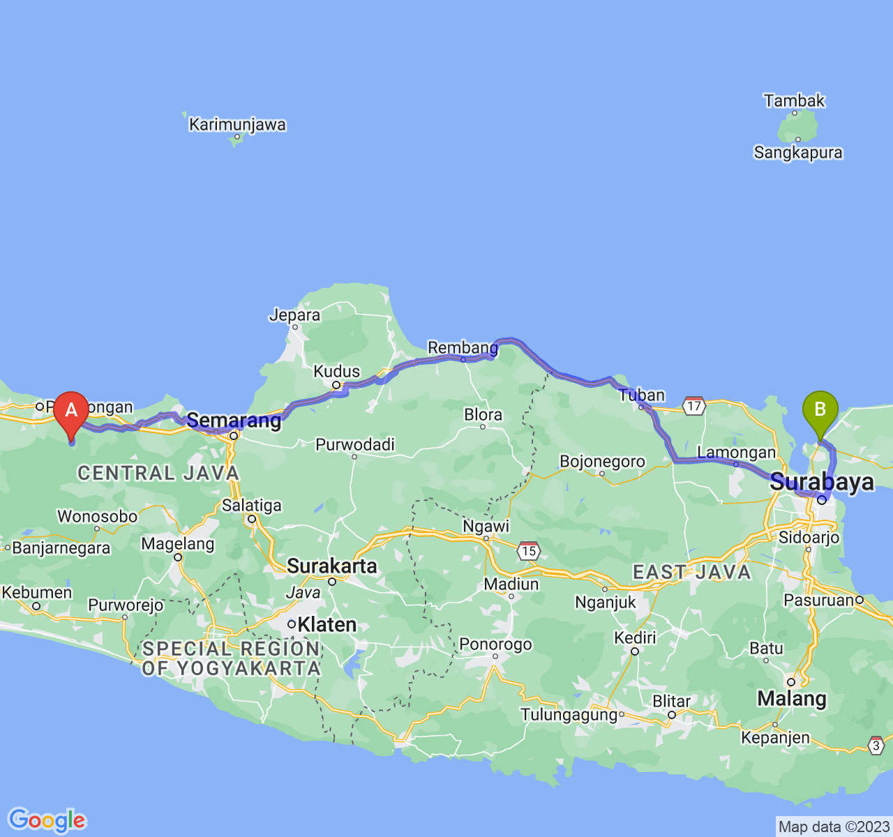 rute perjalanan Kab. Batang-Kab. Bangkalan