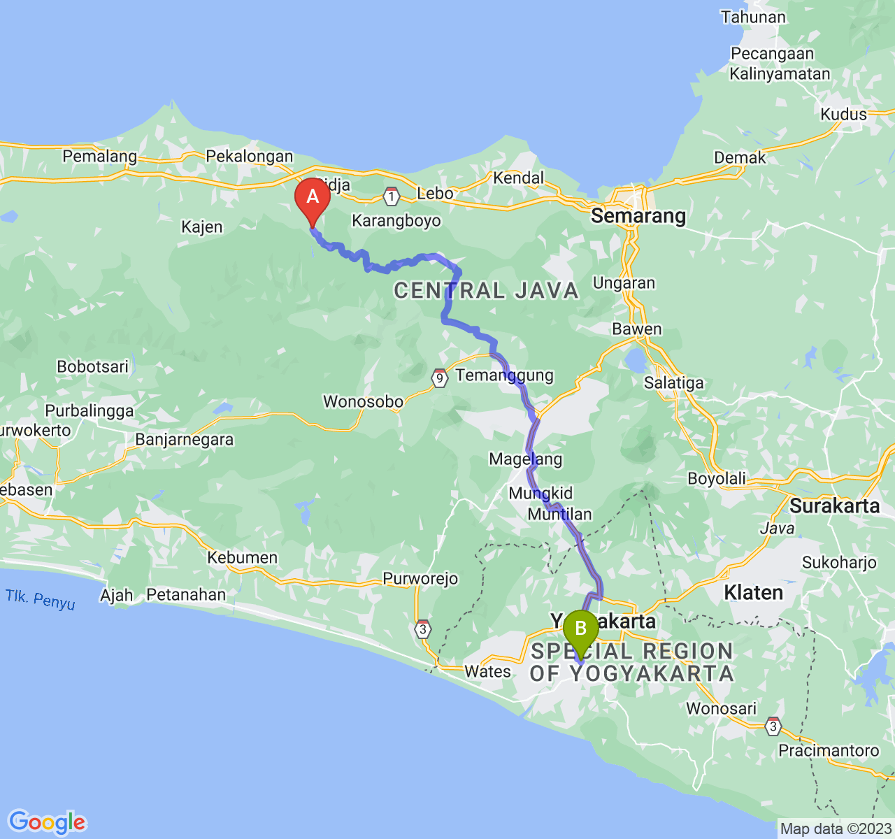 rute perjalanan Kab. Batang-Kab. Bantul