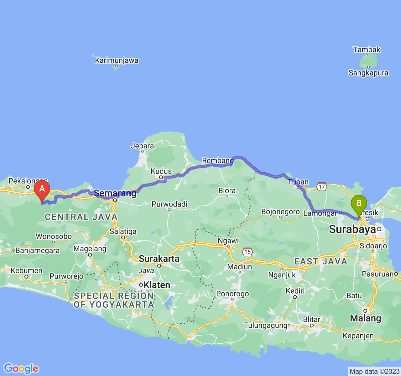 rute perjalanan Kab. Batang-Kab. Gresik