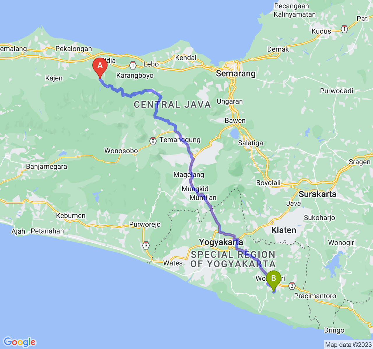 rute perjalanan Kab. Batang-Kab. Gunung Kidul