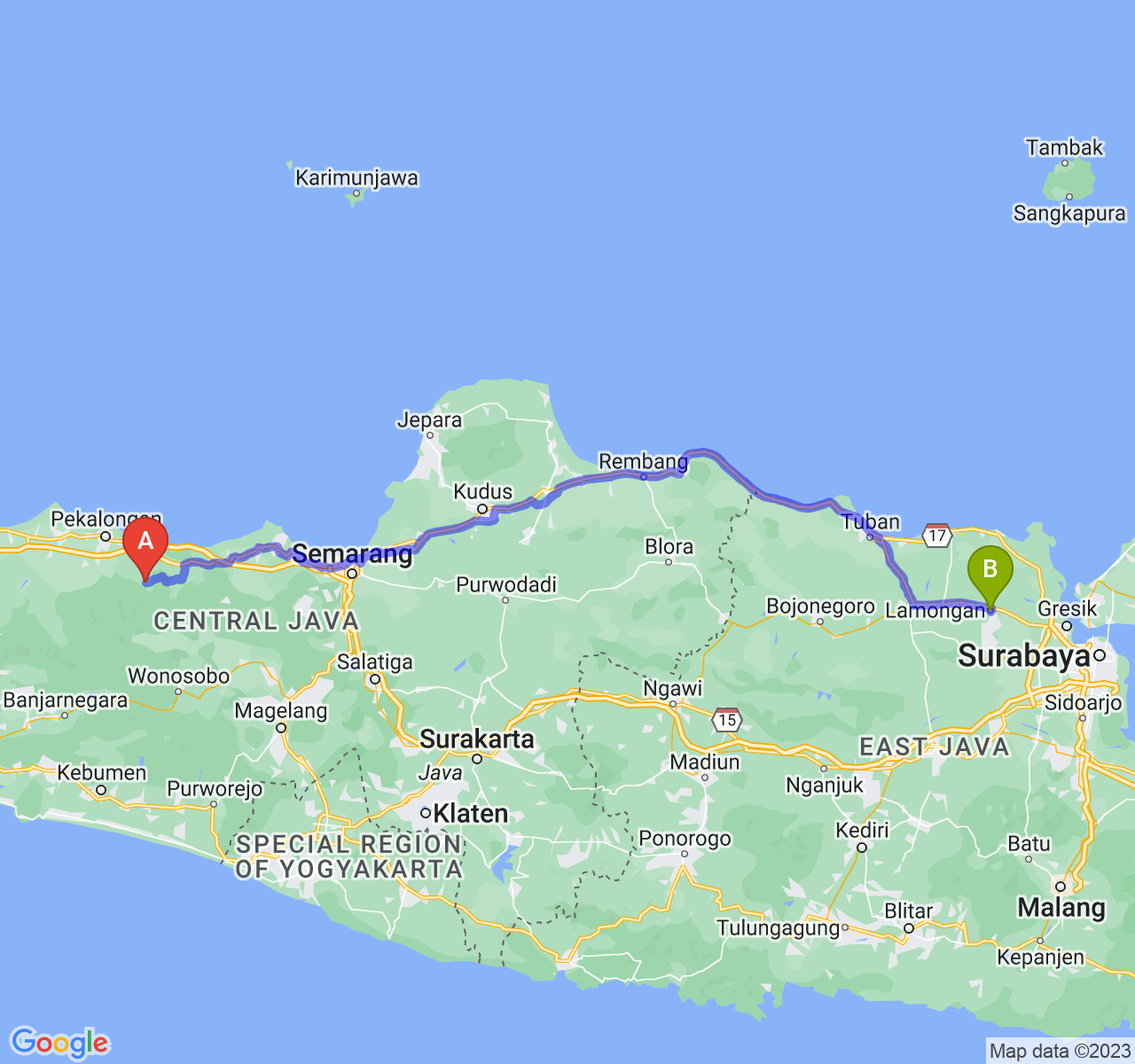 rute perjalanan Kab. Batang-Kab. Lamongan